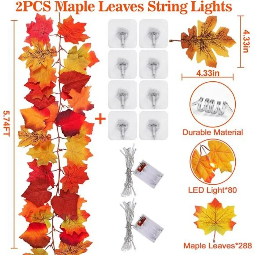 2 Pack Fall Decor Maple Leaves Garland with Lights Battery Operated Fall